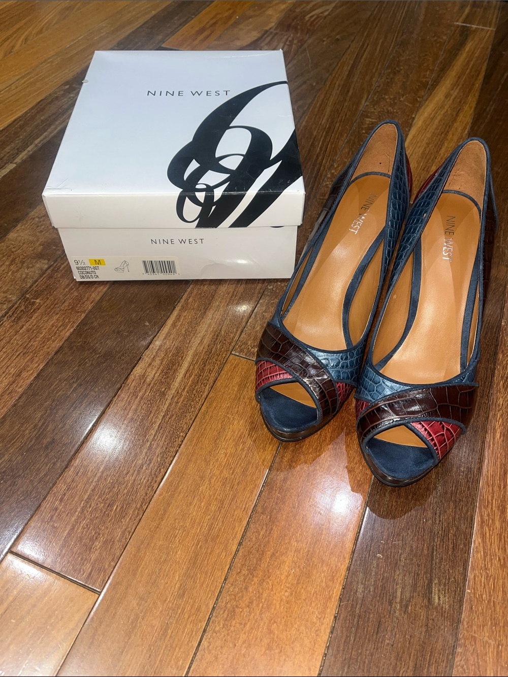 Nine West Navy, Burgundy and Brown Croc-Texture Peep-Toe Heels